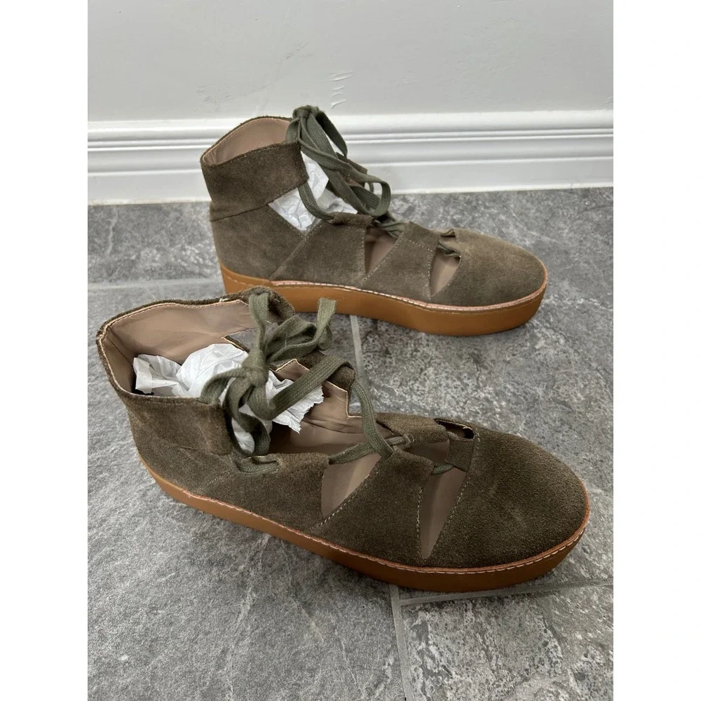 Anthropologie M4D3 Platform Gladiator Ankle Shoe Size 9 Olive Brown Suede Fall